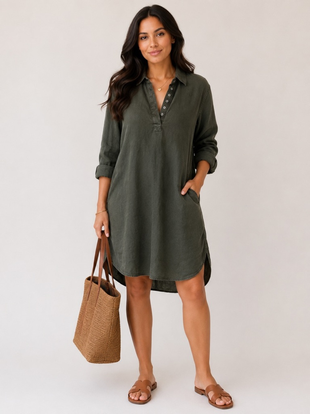 cloth & stone Olive Green Button-Up Shirt Dress Tencel  Size Small